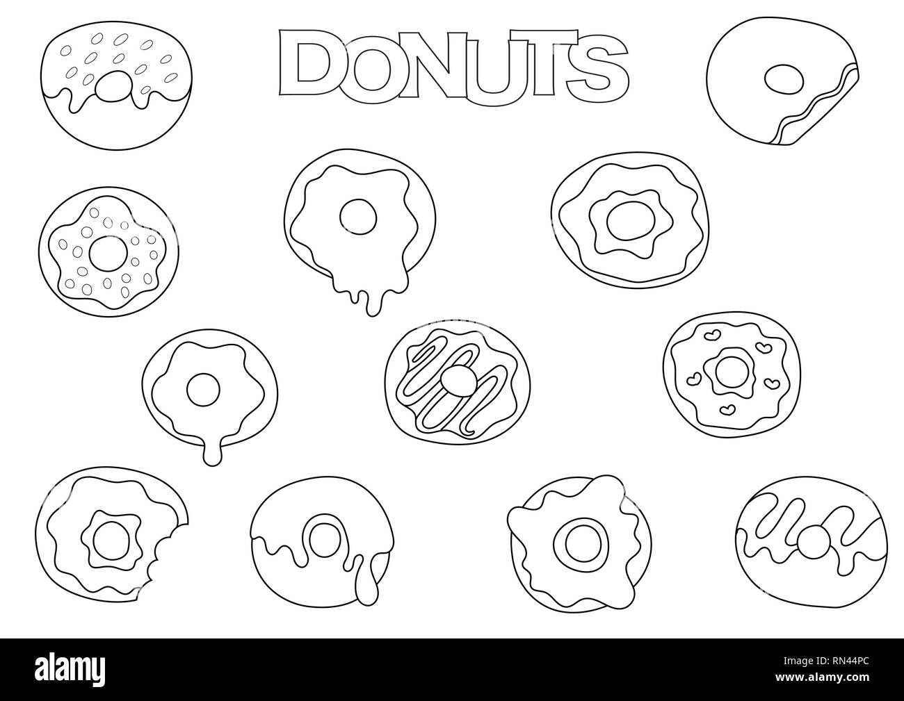 Le ciambelle elementi disegnati a mano impostato. Libro da colorare modello. Delineare gli elementi doodle illustrazione vettoriale. Bambini pagina di gioco. Illustrazione Vettoriale