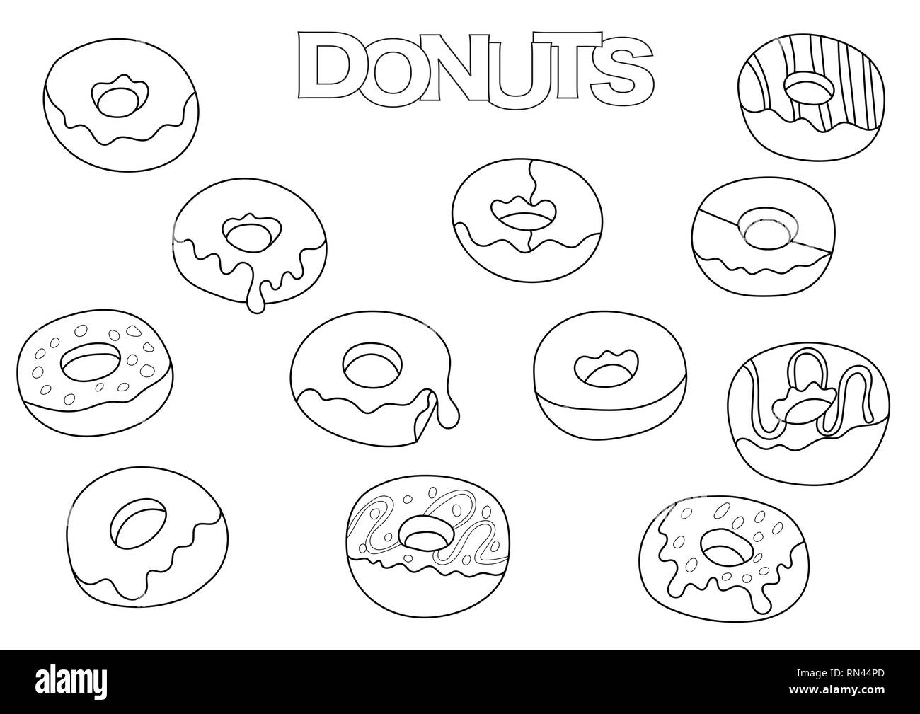 Le ciambelle elementi disegnati a mano impostato. Libro da colorare modello. Delineare gli elementi doodle illustrazione vettoriale. Bambini pagina di gioco. Illustrazione Vettoriale