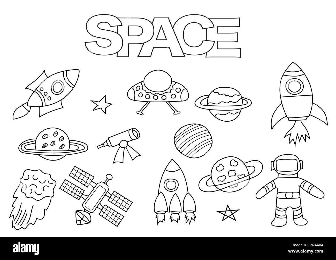 Elementi spazio disegnato a mano impostato. Libro da colorare modello. Delineare gli elementi doodle illustrazione vettoriale. Bambini pagina di gioco Immagine e Vettoriale - Alamy
