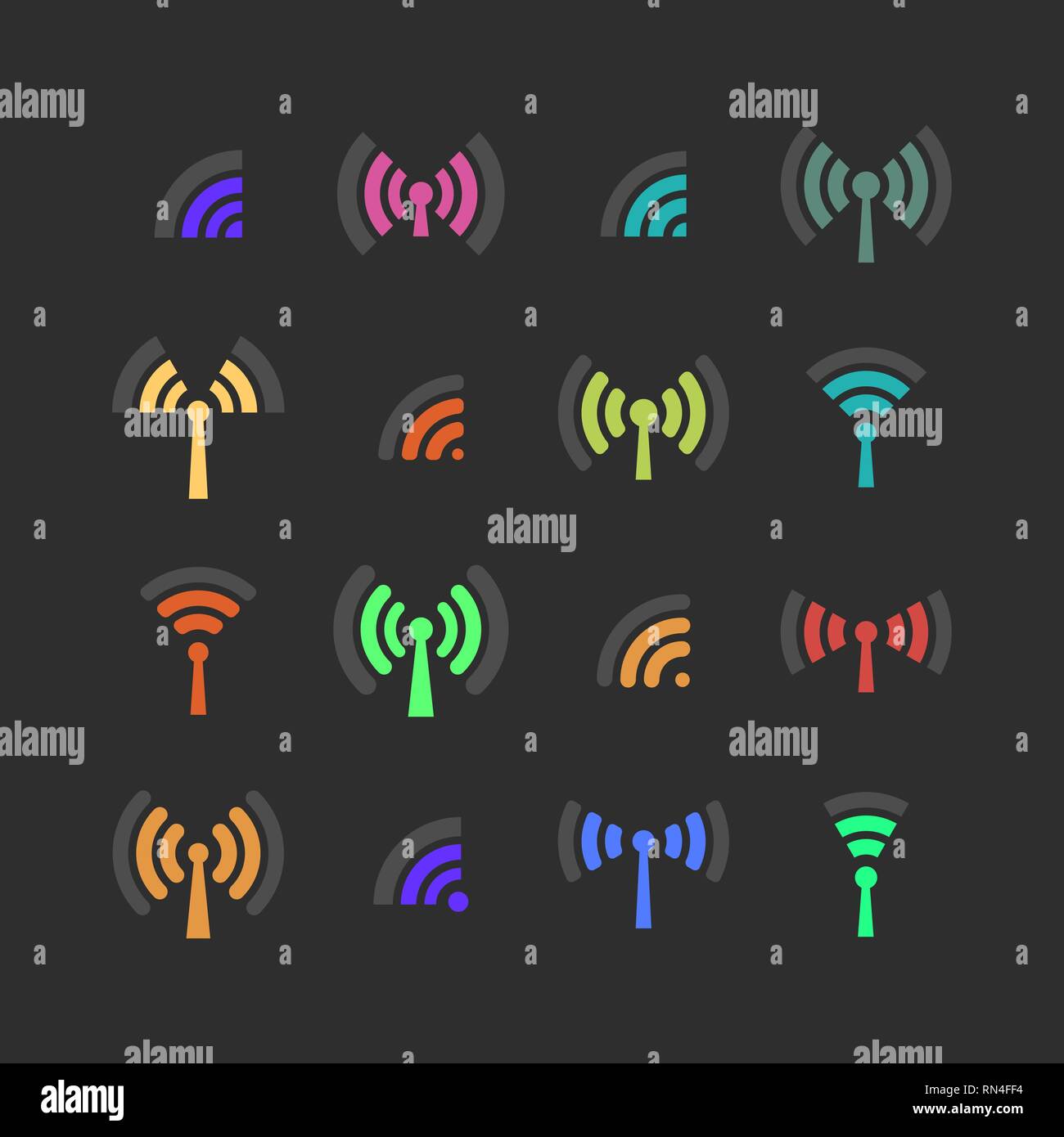 Set di icone di wireless con diversi livelli di comunicazione. In stile appartamento, illustrazione vettoriale. Illustrazione Vettoriale