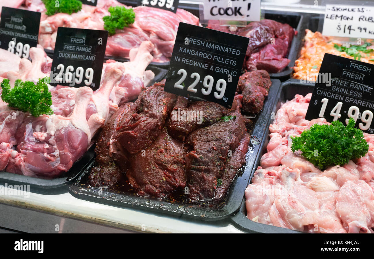 Materie carne di canguro all'interno di una macelleria finestra in Melbourne Vic Australia Foto Stock