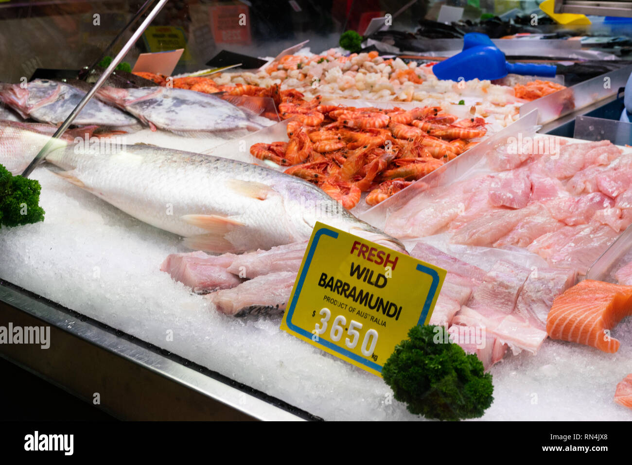 Pressione di stallo di pesce barramundi con i filetti di pesce in un mercato in Melbourne Victoria Australia Foto Stock
