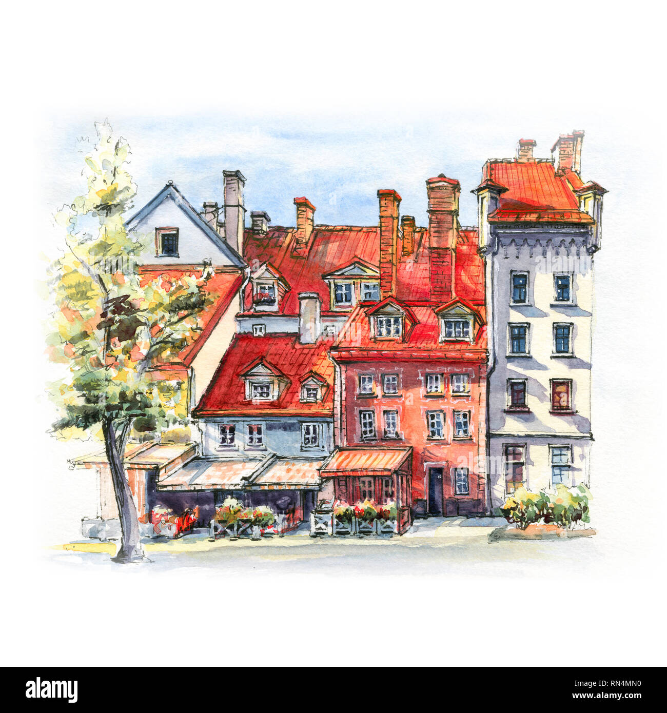 Disegno ad acquerello di divertenti luminose di vecchio stile case su Livu Square nella Città Vecchia di Riga, Lettonia Foto Stock