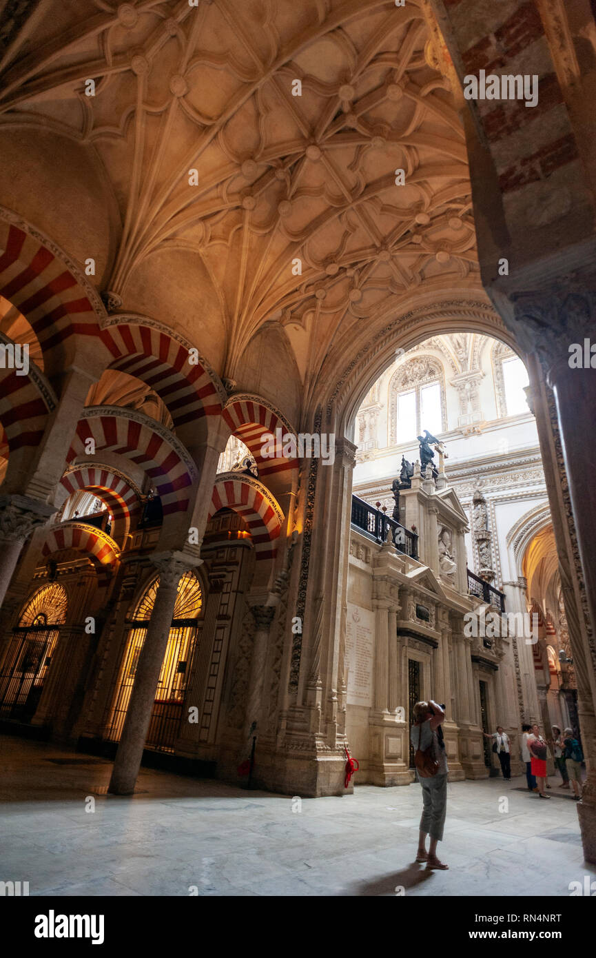 Archi islamica con una cattedrale cattolica in fondo alla Cattedrale Mezquita di Cordova in Spagna. Costruito come una moschea in 785, poi successivamente convertito in un gatto Foto Stock