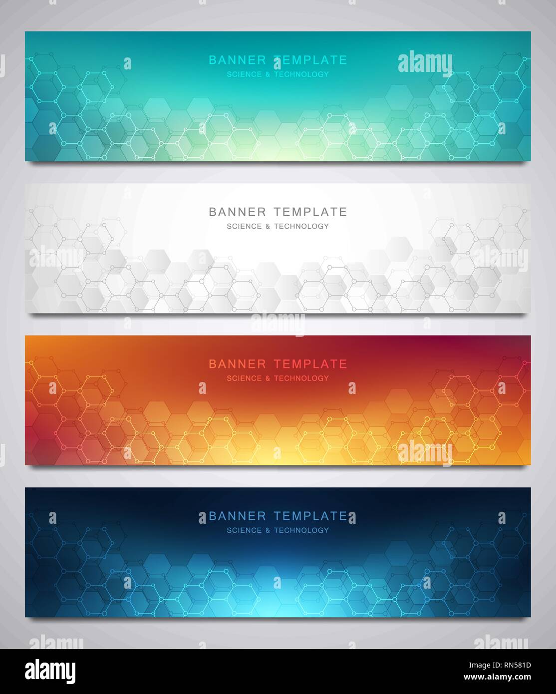 Set di banner di vettore e intestazioni per sito con sfondo medicale ed esagoni pattern. Abstract texture geometrica. Design moderno per la decorazione Illustrazione Vettoriale