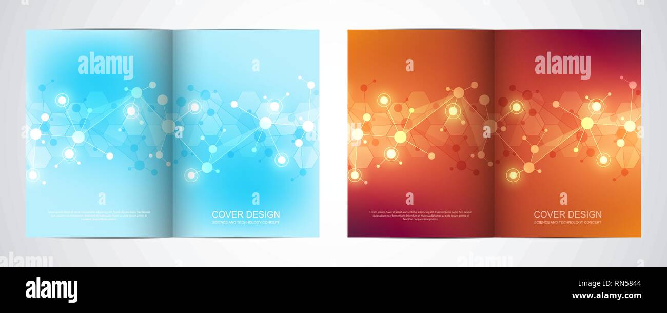 Template vettoriale per brochure o coperchio con struttura molecolare di sfondo e le tubazioni collegate e punti. Medicina, la scienza e la tecnologia digitale Illustrazione Vettoriale