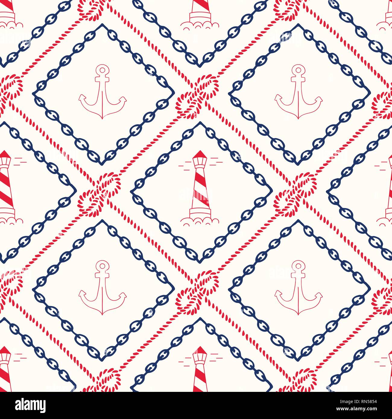 Hand-Drawn catena e corda cornici con ancore, fari e piegare Seppelin nodi nautici Vector Seamless Pattern.blu e rosso sfondo marino. Se Illustrazione Vettoriale