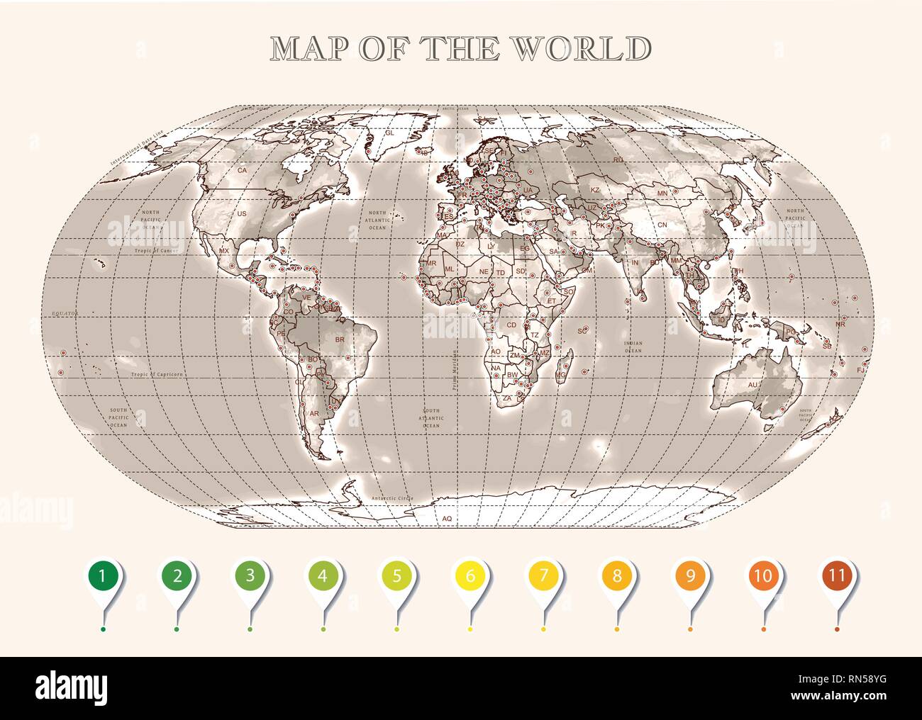 Cartina Fisica del mondo con contorni, grandi capitali, una infografica Illustrazione Vettoriale