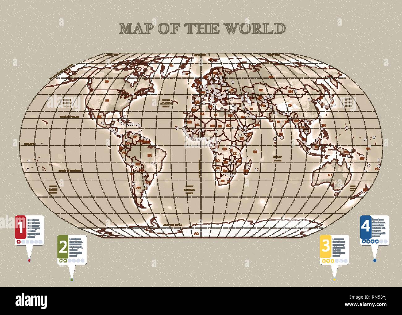 Vecror fisico mappa del mondo con contorni, grandi capitali. Il nero di seppia, una infografica Illustrazione Vettoriale