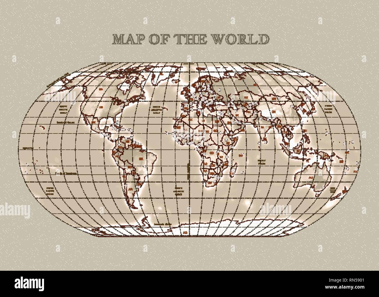 Vecror fisico mappa del mondo con contorni, grandi capitali. Seppia Illustrazione Vettoriale
