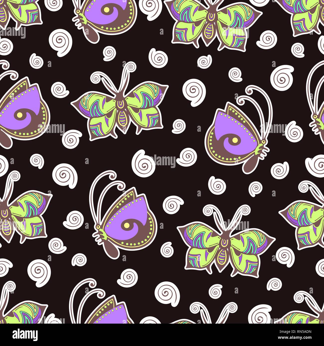 Farfalle astratto seamless pattern, del disegno a mano, la stampa tessile, ornamento, illustrazione vettoriale. Modellato insetto colorato con corsa bianco su brow Illustrazione Vettoriale