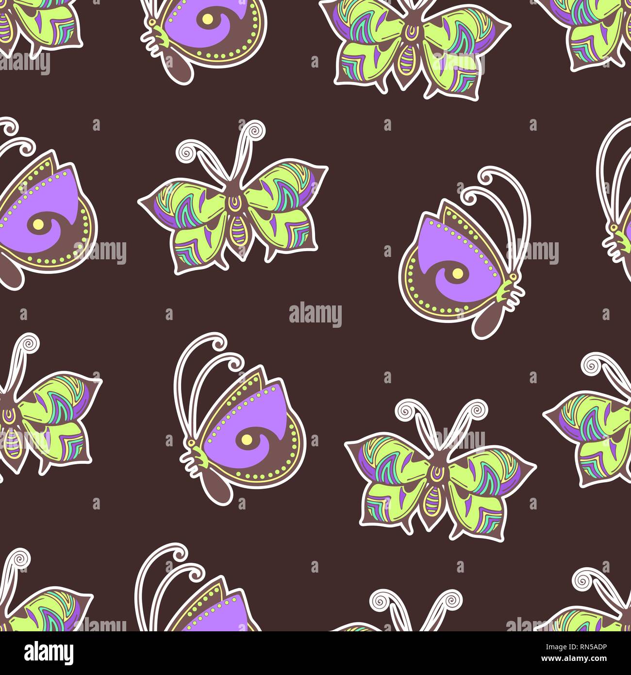 Farfalle astratto seamless pattern, del disegno a mano, la stampa tessile, illustrazione vettoriale. Modellato pastello colorato insetto con le ali e la corsa di bianco Illustrazione Vettoriale