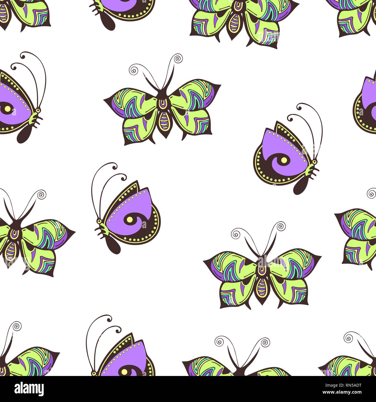 Farfalle astratto seamless pattern, del disegno a mano, la stampa tessile, illustrazione vettoriale. Modellato pastello colorato insetto con ali su bianco backgrou Illustrazione Vettoriale