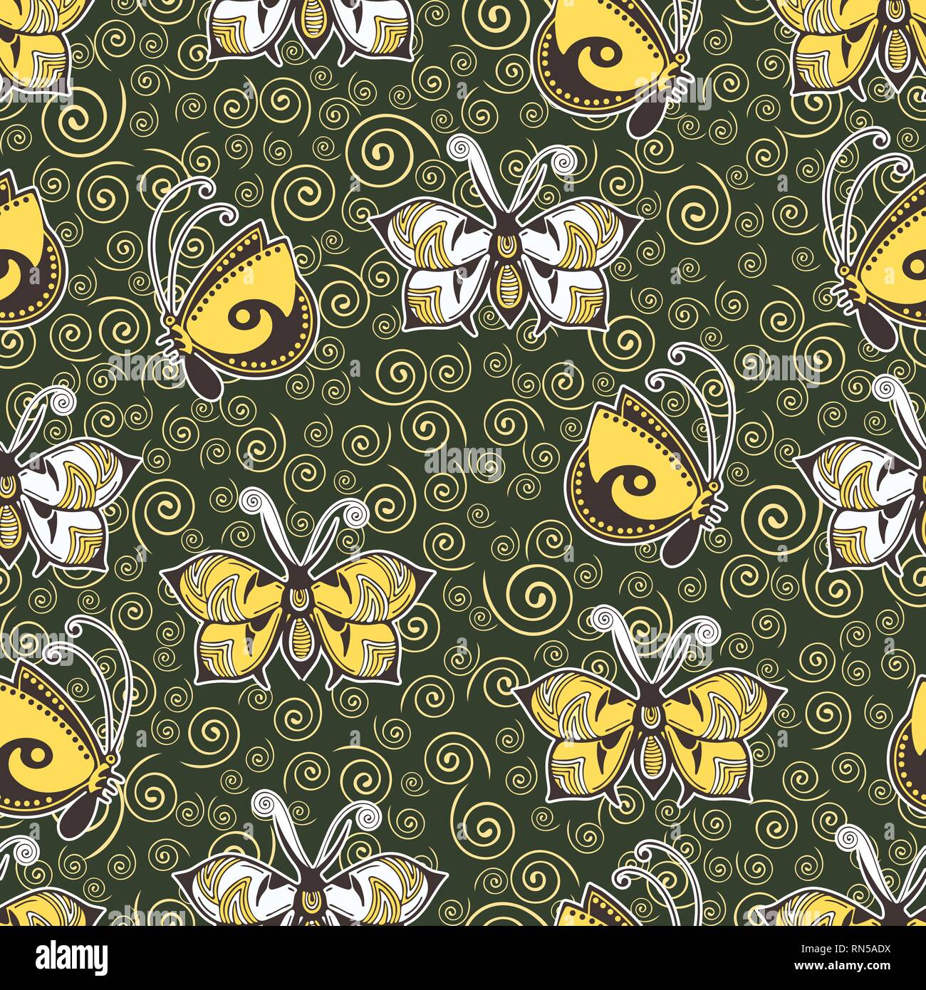 Farfalle astratto seamless pattern, del disegno a mano, la stampa tessile, illustrazione vettoriale. Modellato insetto colorato con le ali e la corsa di bianco su verde Illustrazione Vettoriale
