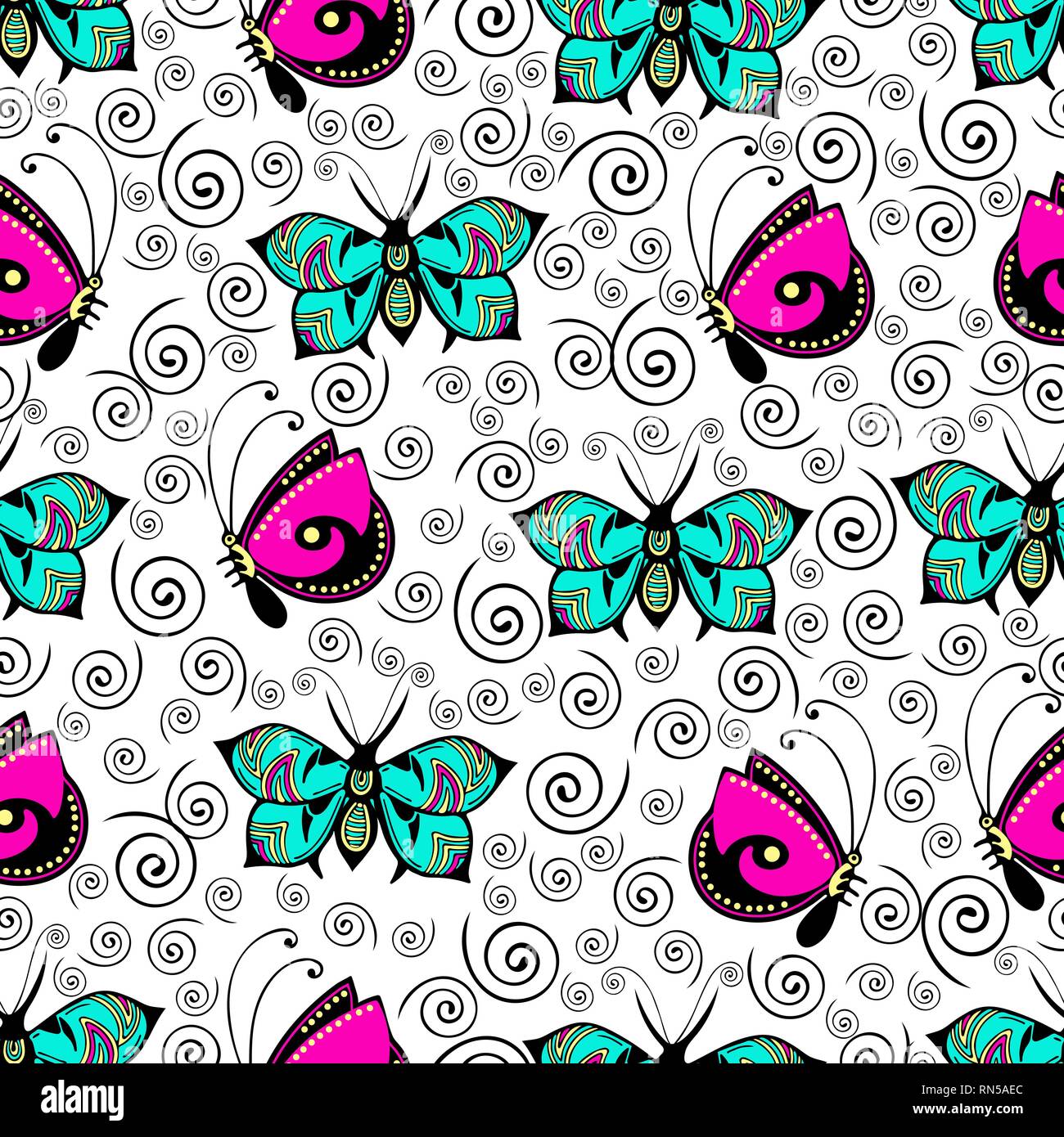 Farfalle astratto seamless pattern, del disegno a mano, la stampa tessile, illustrazione vettoriale. A motivi geometrici luminosi colorati insetto con le ali e la corsa su whi Illustrazione Vettoriale