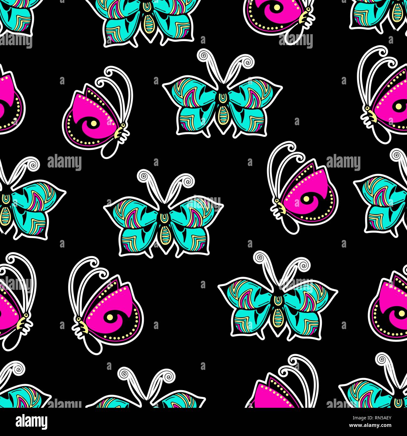 Farfalle astratto seamless pattern, del disegno a mano, la stampa tessile, illustrazione vettoriale. A motivi geometrici luminosi colorati insetto con le ali e la corsa di bianco Illustrazione Vettoriale