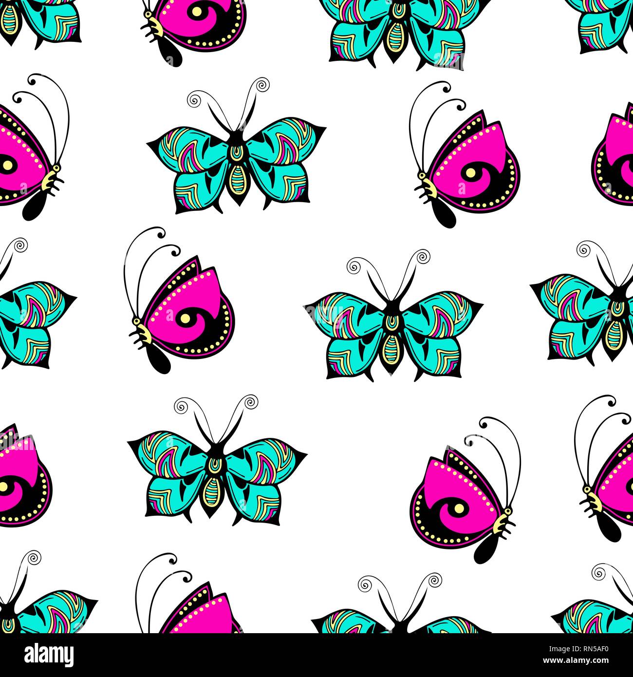 Farfalle astratto seamless pattern, del disegno a mano, la stampa tessile, illustrazione vettoriale. Modellato pastello colorato insetto con ali su bianco backgrou Illustrazione Vettoriale