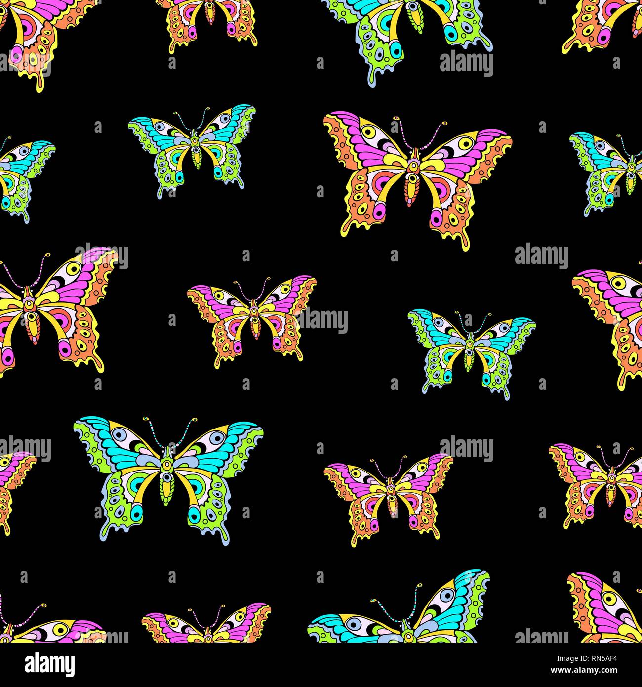 Farfalle astratto seamless pattern, del disegno a mano, la stampa tessile, illustrazione vettoriale. A motivi geometrici luminosi colorati insetto con ali vista da sopra o Illustrazione Vettoriale