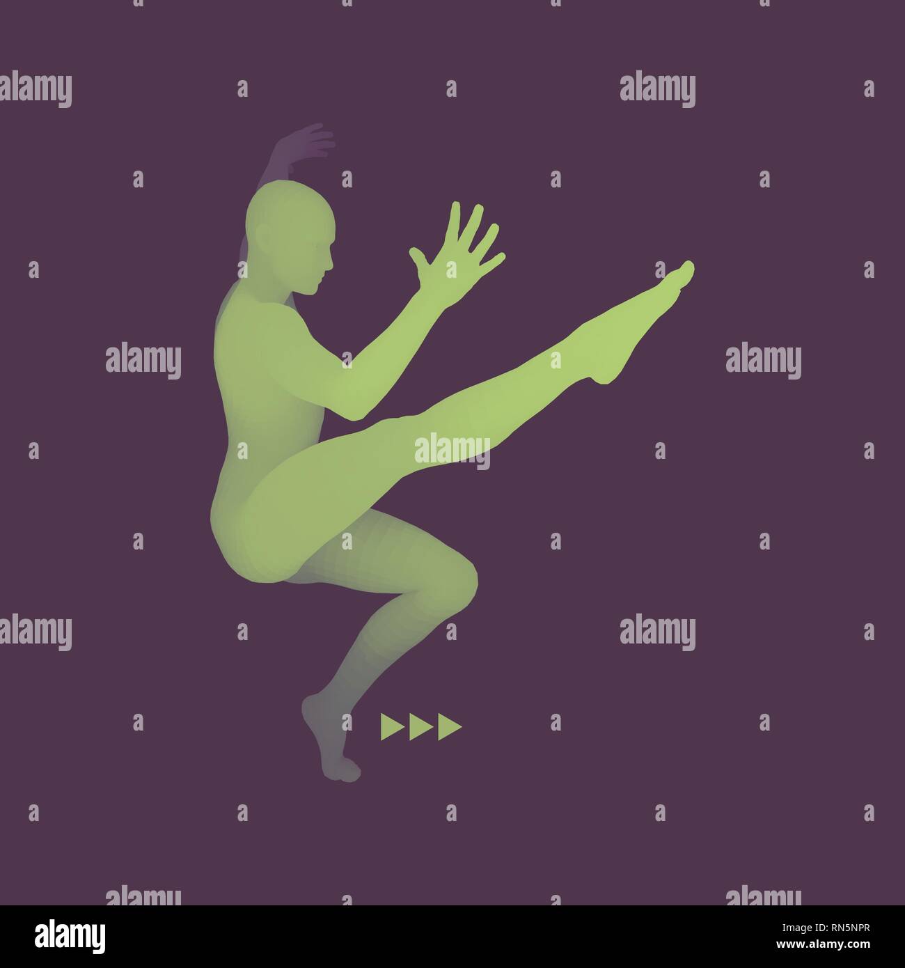 L uomo è in posa e balli. Silhouette di una ballerina. Un ballerino esegue elementi acrobatici. Il concetto di sport. Modello 3D dell'uomo. Il corpo umano. Sport simbolo. De Illustrazione Vettoriale