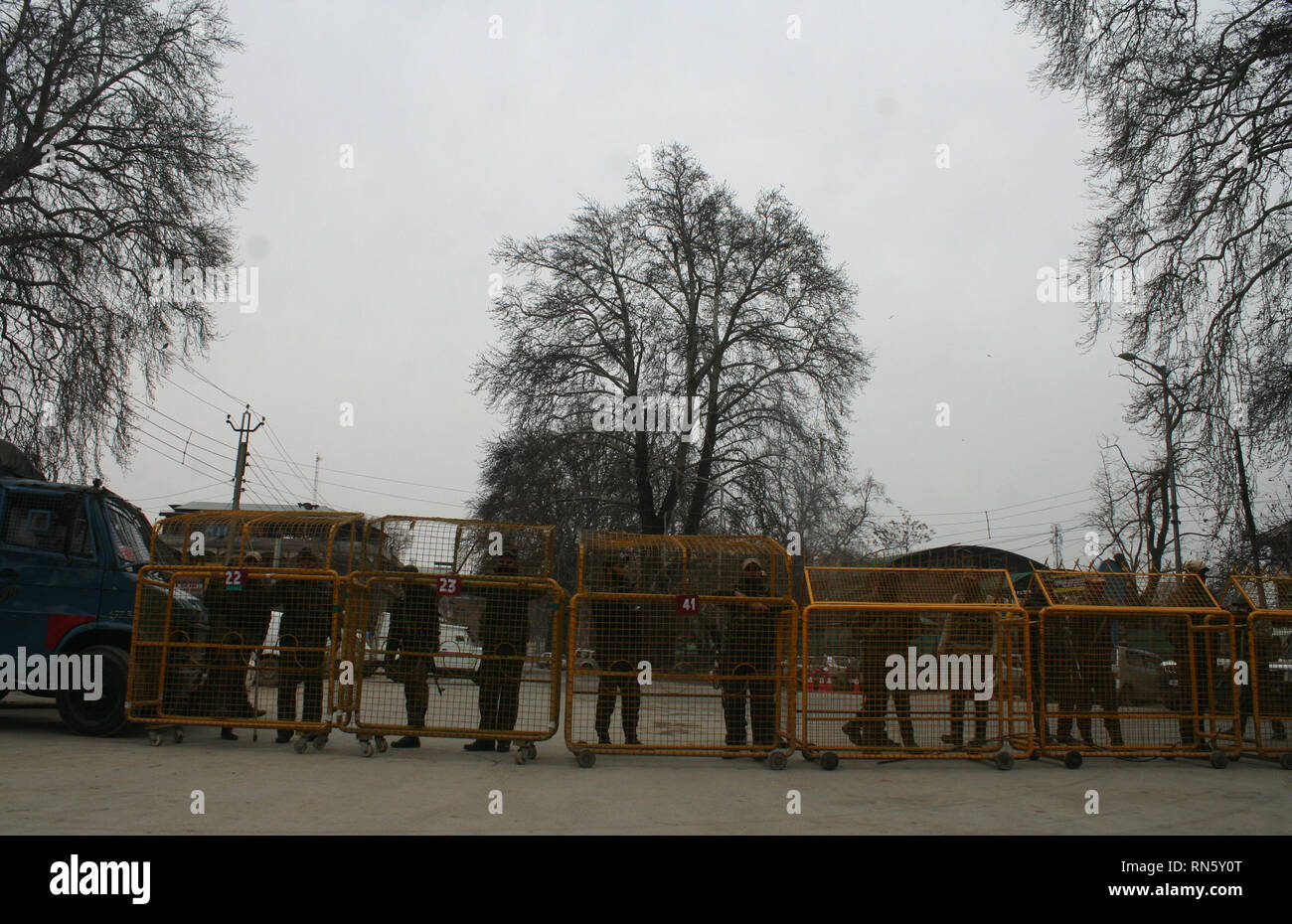 Kashmir indiano, somministrata. 17 feb 2019. La polizia indiana sta di guardia , durante una manifestazione di protesta dei popoli partito democratico (PDP) contro le presunte molestie e attacchi contro il Kashmiris nel Jammu e al di fuori dello Stato .vita normale dopo aver interessato bandh chiamata.Il Kashmir bandh chiamata era supportato dai principali organismi commerciali come il Kashmir alleanza economica e Kashmir commercianti e Manufacturers Federation nonché associazioni di trasportatori.©Sofi Suhail/Alamy Live News Foto Stock