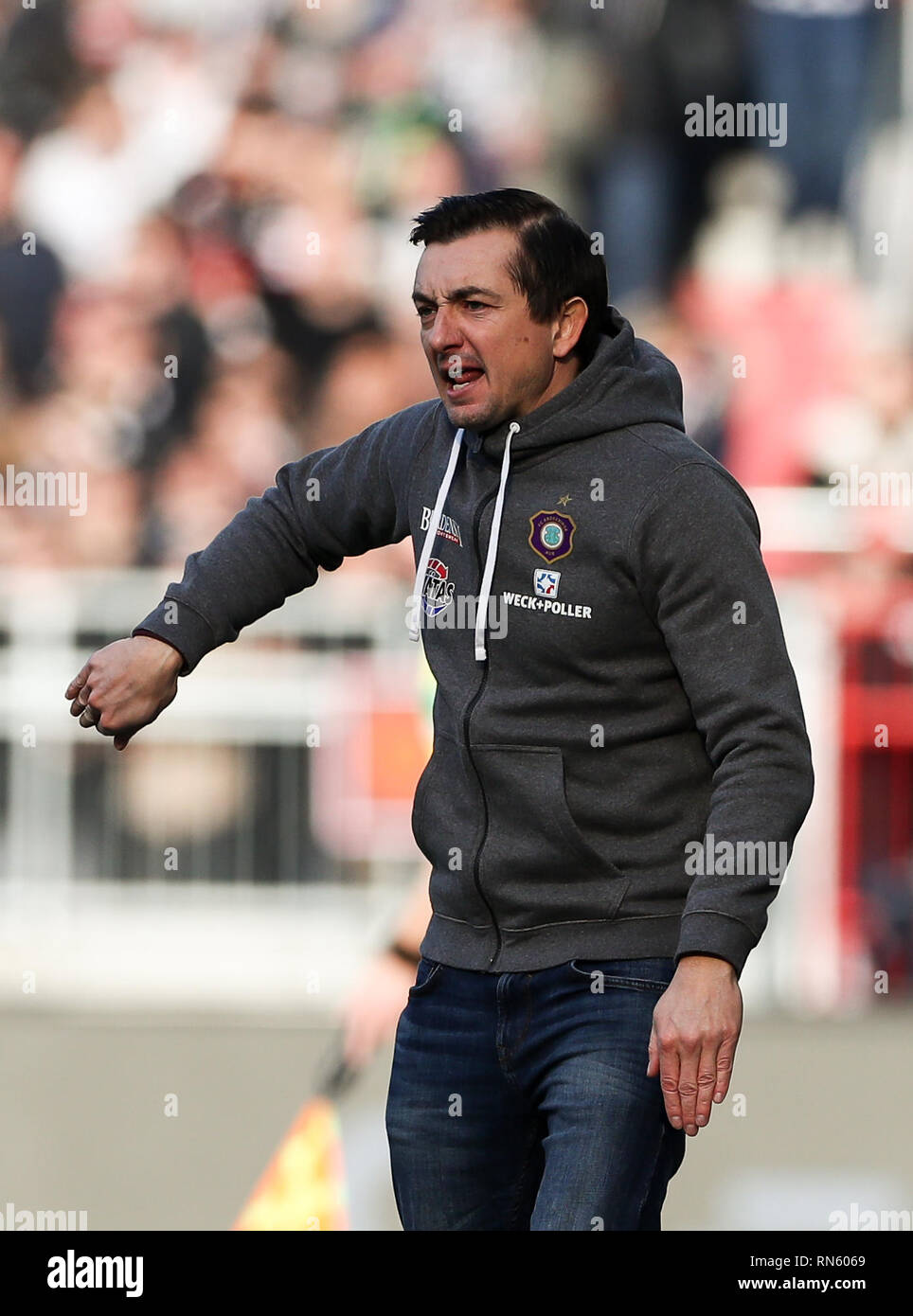 Amburgo, Germania. Xvi Feb, 2019. Calcio: Seconda Bundesliga, FC St Pauli - Erzgebirge Aue, la XXII Giornata in Millerntorstadion. Aue allenatore Daniel Meyer gesticulates sugli spalti. Credito: Christian Charisius/dpa - NOTA IMPORTANTE: In conformità con i requisiti del DFL Deutsche Fußball Liga o la DFB Deutscher Fußball-Bund, è vietato utilizzare o hanno utilizzato fotografie scattate allo stadio e/o la partita in forma di sequenza di immagini e/o video-come sequenze di foto./dpa/Alamy Live News Foto Stock