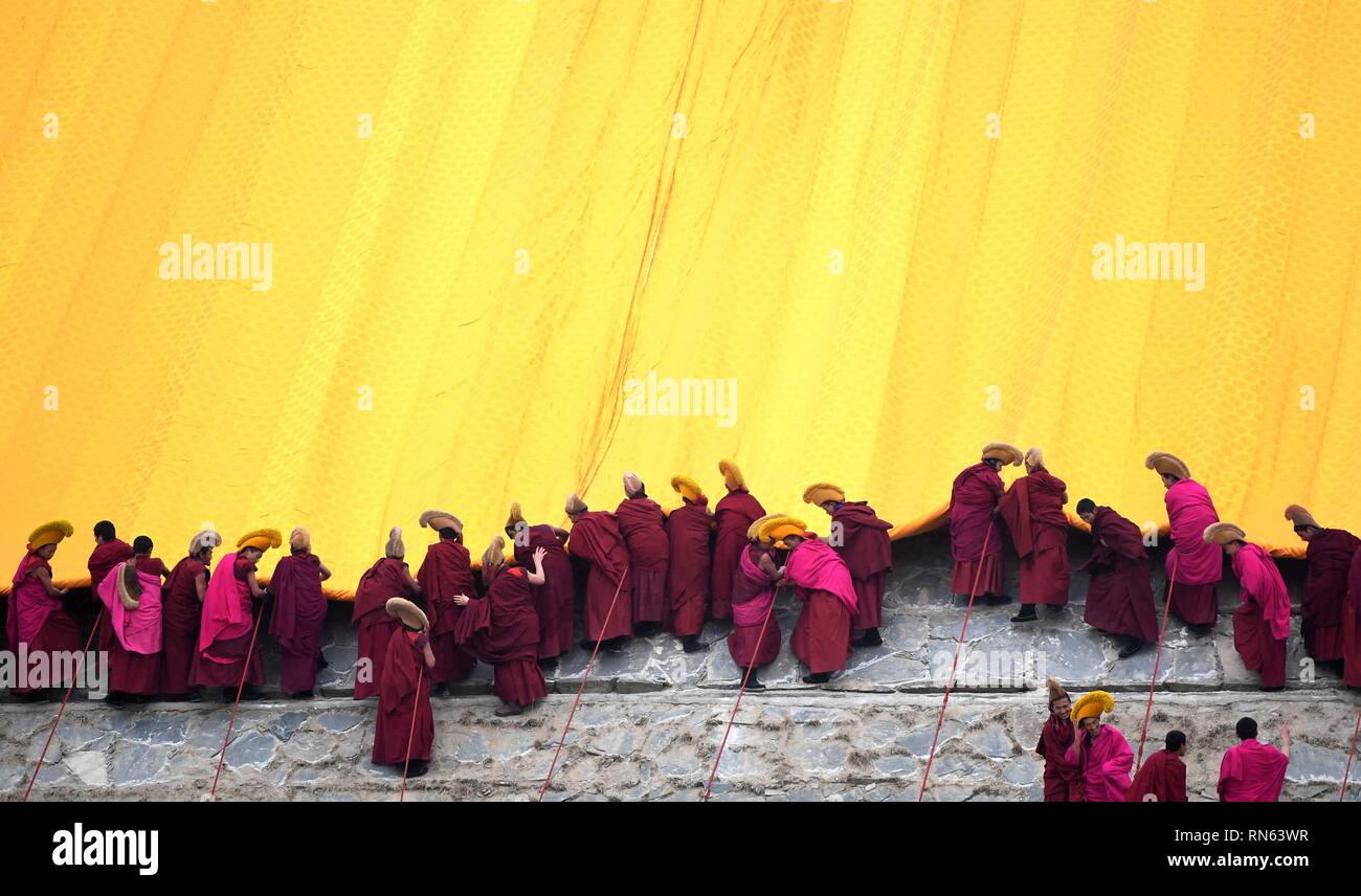 Labrang, Cina. Xvii Feb, 2019. I lama del monastero di Labrang srotolare il grande thangka scorrere dipinto recante l'immagine del Buddha coperta da una grande tenda di colore giallo durante l'annuale "unning del Buddha' cerimonia del monastero di Labrang a Xiahe County, a nord-ovest della Cina di Provincia di Gansu, nel febbraio 17, 2019. L'annuale "unning del Buddha' è uno dei più importanti cerimonie di Labrang nella contea di Xiahe, che è considerata come una delle migliori del buddismo tibetano istituto scolastico in Cina. La cerimonia di premiazione si svolge ogni anno il tredicesimo giorno del primo mese lunare. Inoltre attrac Credito: Xinhua/Alamy Foto Stock
