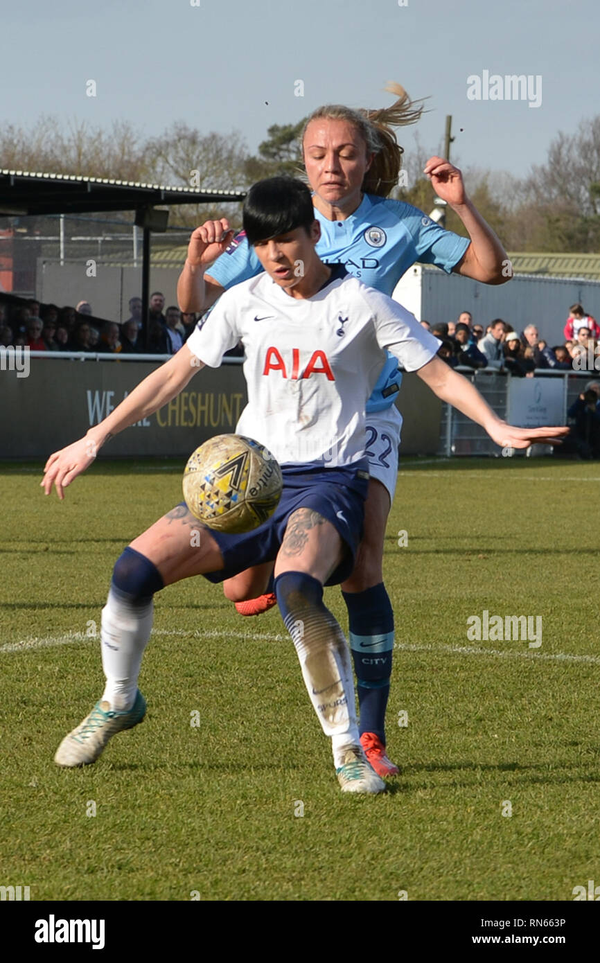 Cheshunt, Regno Unito. Xvii Feb, 2019. Ashleigh Neville di speroni signori di Claire Emslie dell uomo città delle donne durante la FA Coppa UEFA femminile quinto round match tra Tottenham Hotspur onorevoli Manchester City le donne a Cheshunt Stadium il 17 febbraio 2019 in Cheshunt, Inghilterra. (Foto di Martine Xerri/phcimages.com) Credit: Immagini di PHC/Alamy Live News Foto Stock