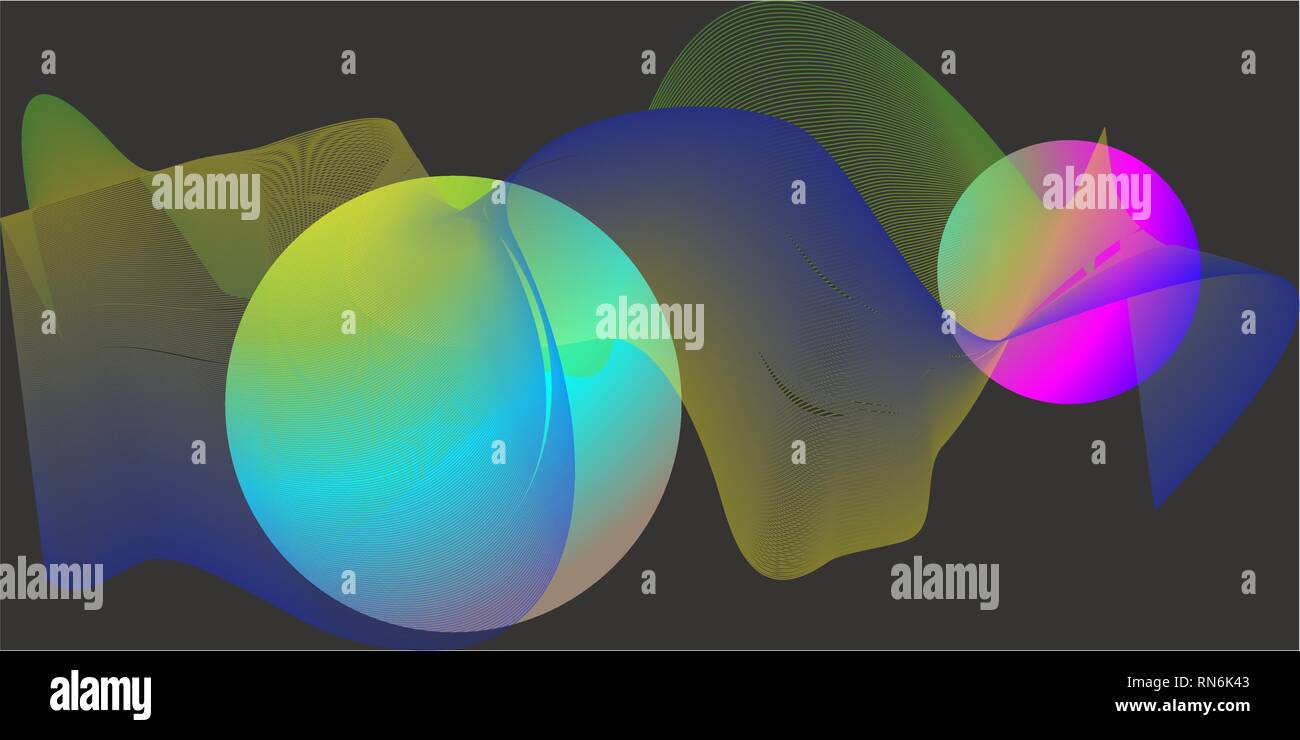 Abstract blend multicolore mesh e sfere luminose pianeta stile. Pastello scuro lo sfondo dietro Illustrazione Vettoriale