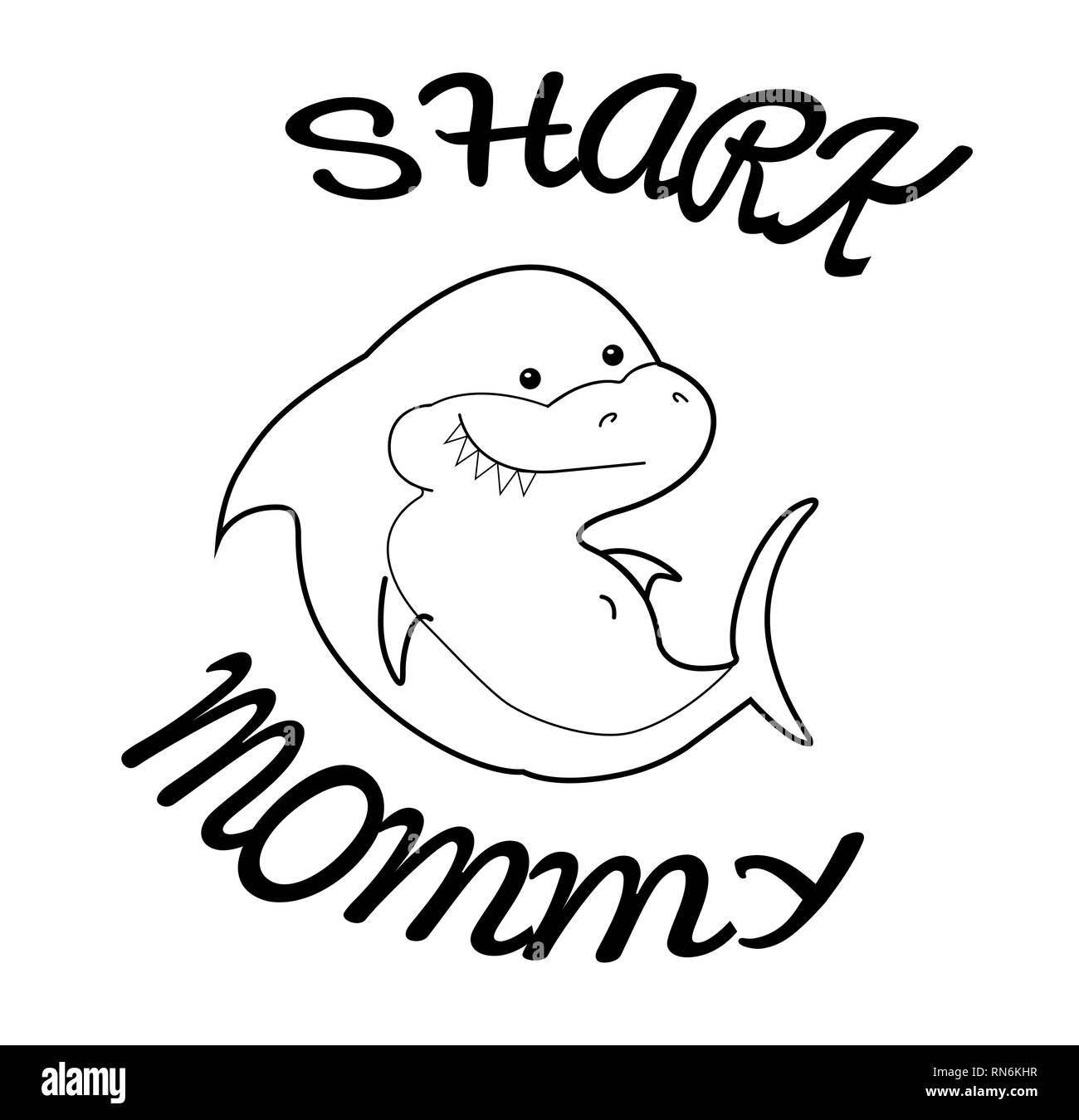La famiglia felice squali. Mamma squalo. Cartoon carino contorno di animali marini. Trasparente silhouette nera su sfondo bianco. Illustrazione lineare per Illustrazione Vettoriale