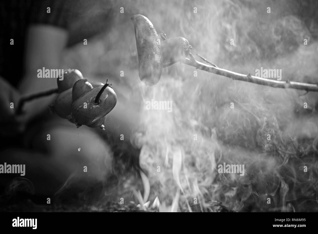 Notte in campeggio nella foresta. La cottura di salsicce su bastoni su fiamme di fuoco. Gustoso, carne affumicata fritti sul fuoco Foto Stock