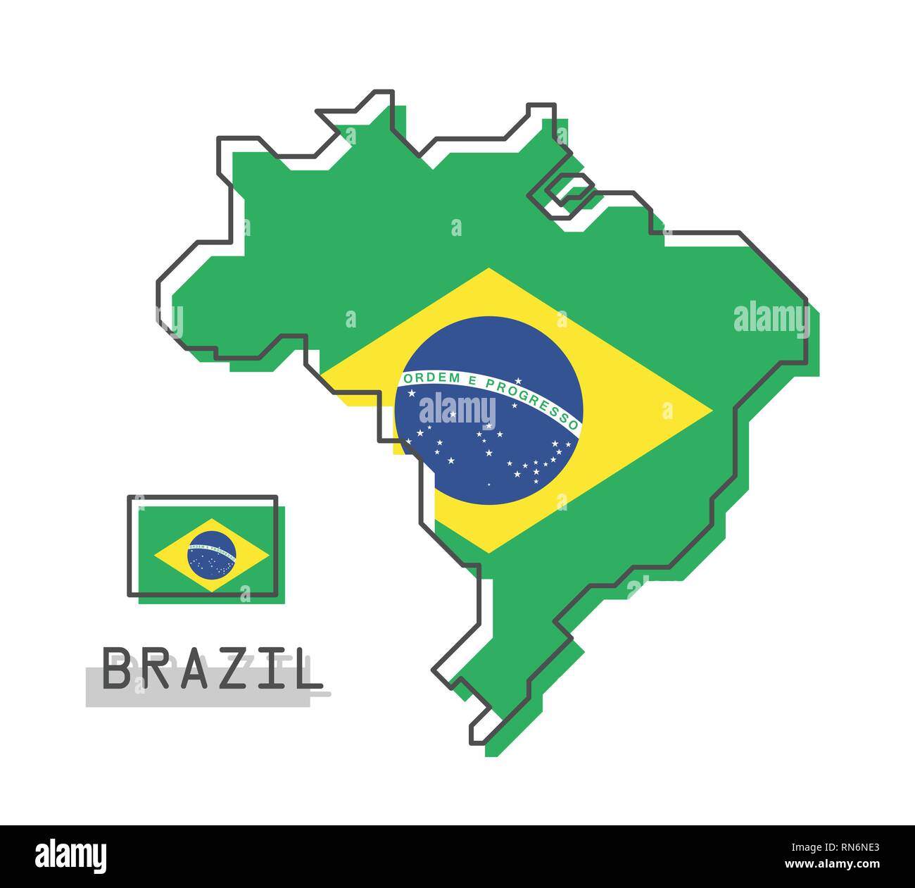 Mappa di Brasile e bandiera . Moderna linea semplice cartoon design . Vector . Illustrazione Vettoriale