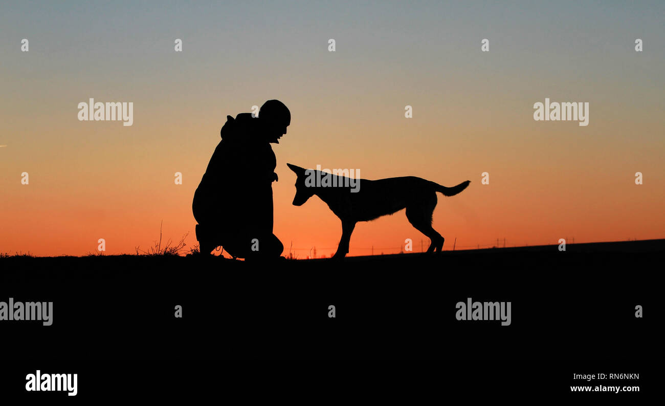 Un uomo e un cane contro lo sfondo di un incredibile tramonto Foto Stock