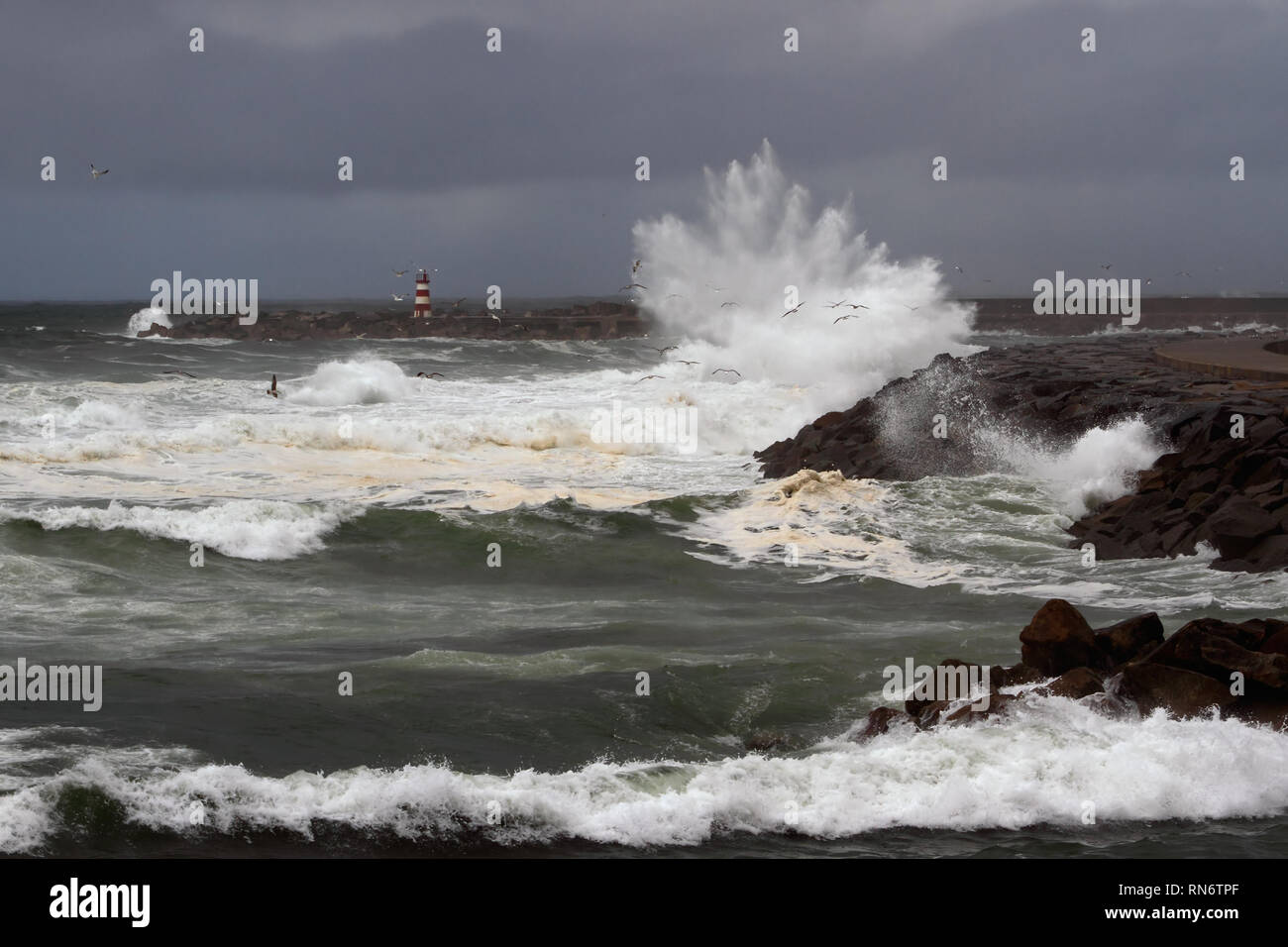 Tempesta in entrata di Povoa do Varzim Porto, Portogallo Foto Stock