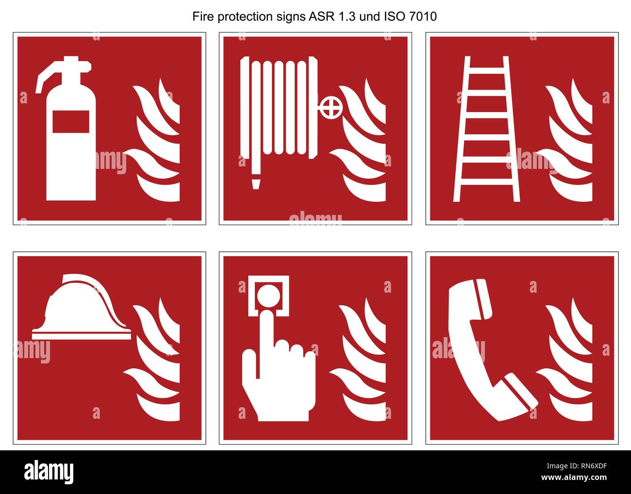 Protezione antincendio segno vettore collezione DIN 7010 e ASR 1.3 isolati su sfondo bianco Illustrazione Vettoriale