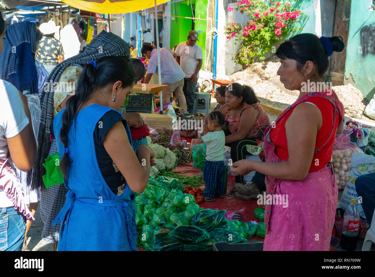 Donne locali acquistare verdure al mercato di Tlacolula, Oaxaca, Messico Foto Stock