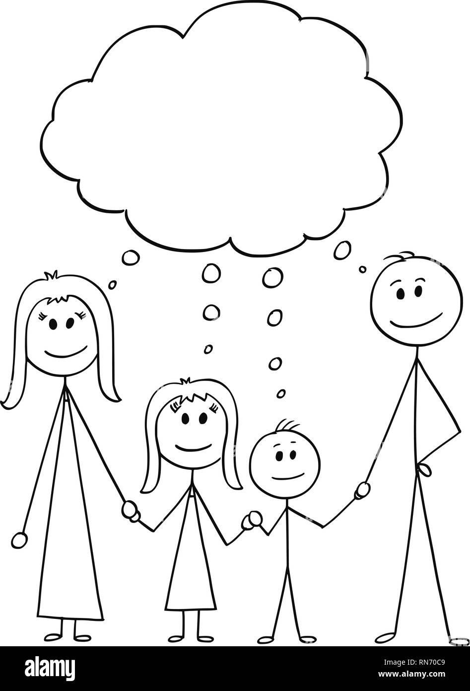 Cartoon di famiglia, coppia di un uomo e di una donna e due bambini con vuoto palloncino del parlato Illustrazione Vettoriale