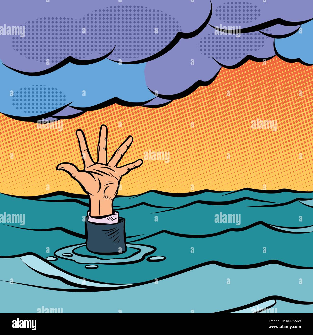 La mano che affonda nel mare. Fumetto cartoon arte pop retrò illustrazione vettoriale disegno a mano Illustrazione Vettoriale