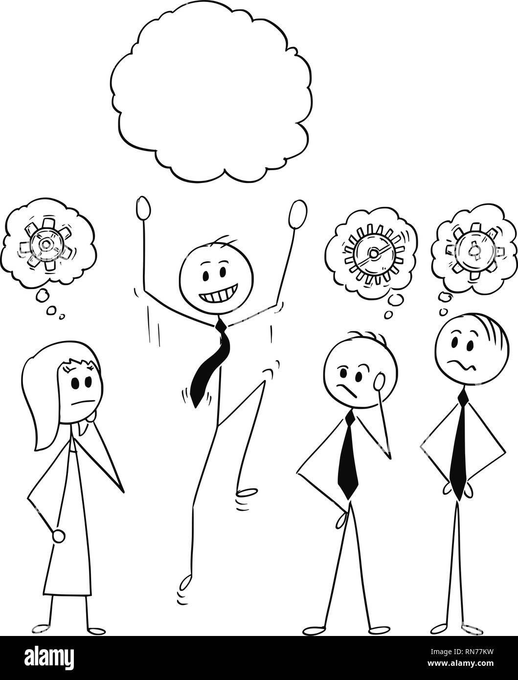 Cartoon di gruppo di imprenditore e imprenditrice pensando a Brainstorming, uno di loro ha avuto un'Idea Illustrazione Vettoriale