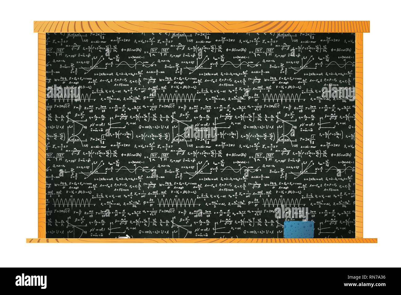 Nero lavagna scuola in cornice di legno con un sacco di chalk calcoli e spugna sul ripiano su bianco Illustrazione Vettoriale