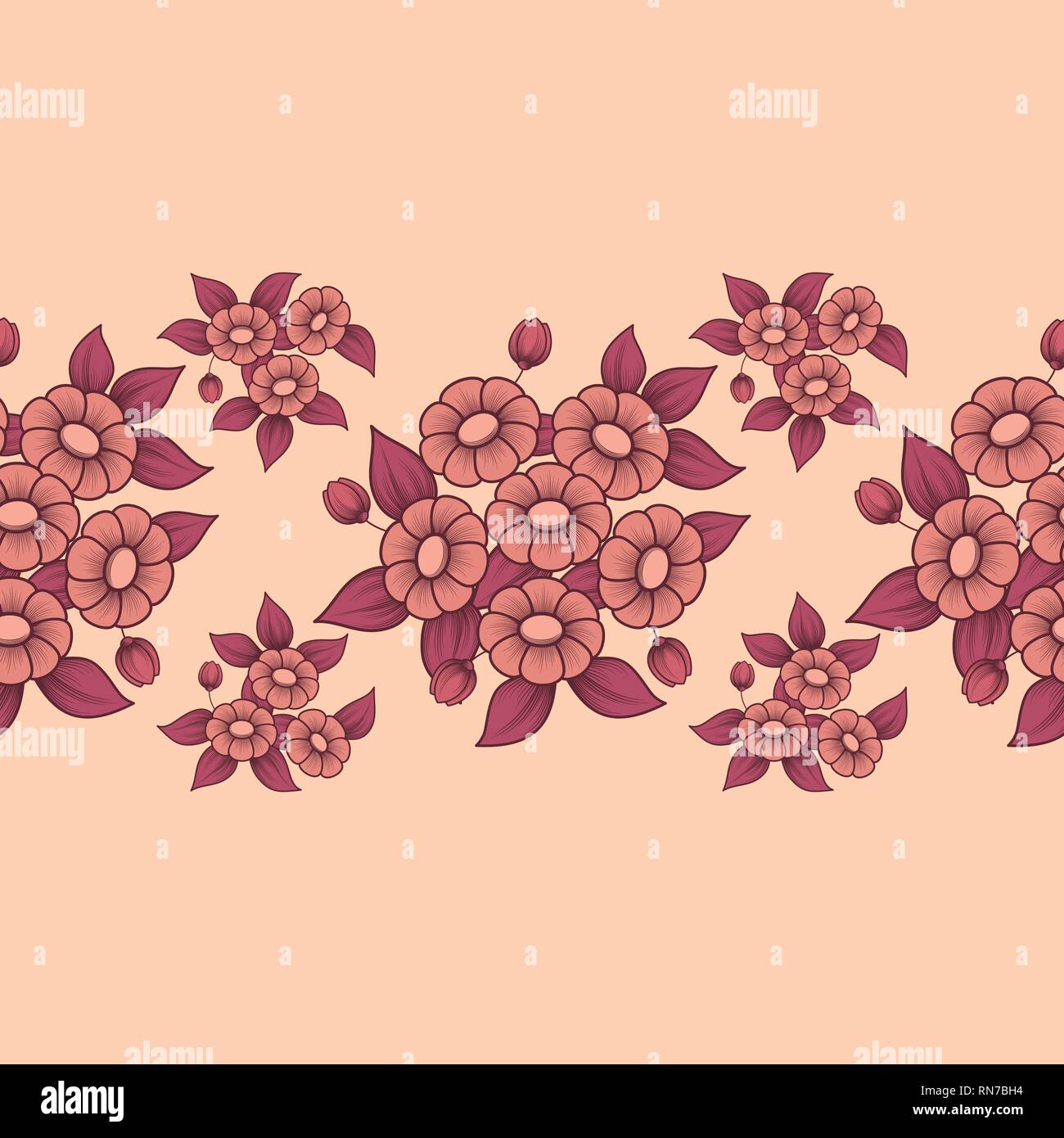 Seamless pattern orizzontale color corallo con fiori a margherita Illustrazione Vettoriale