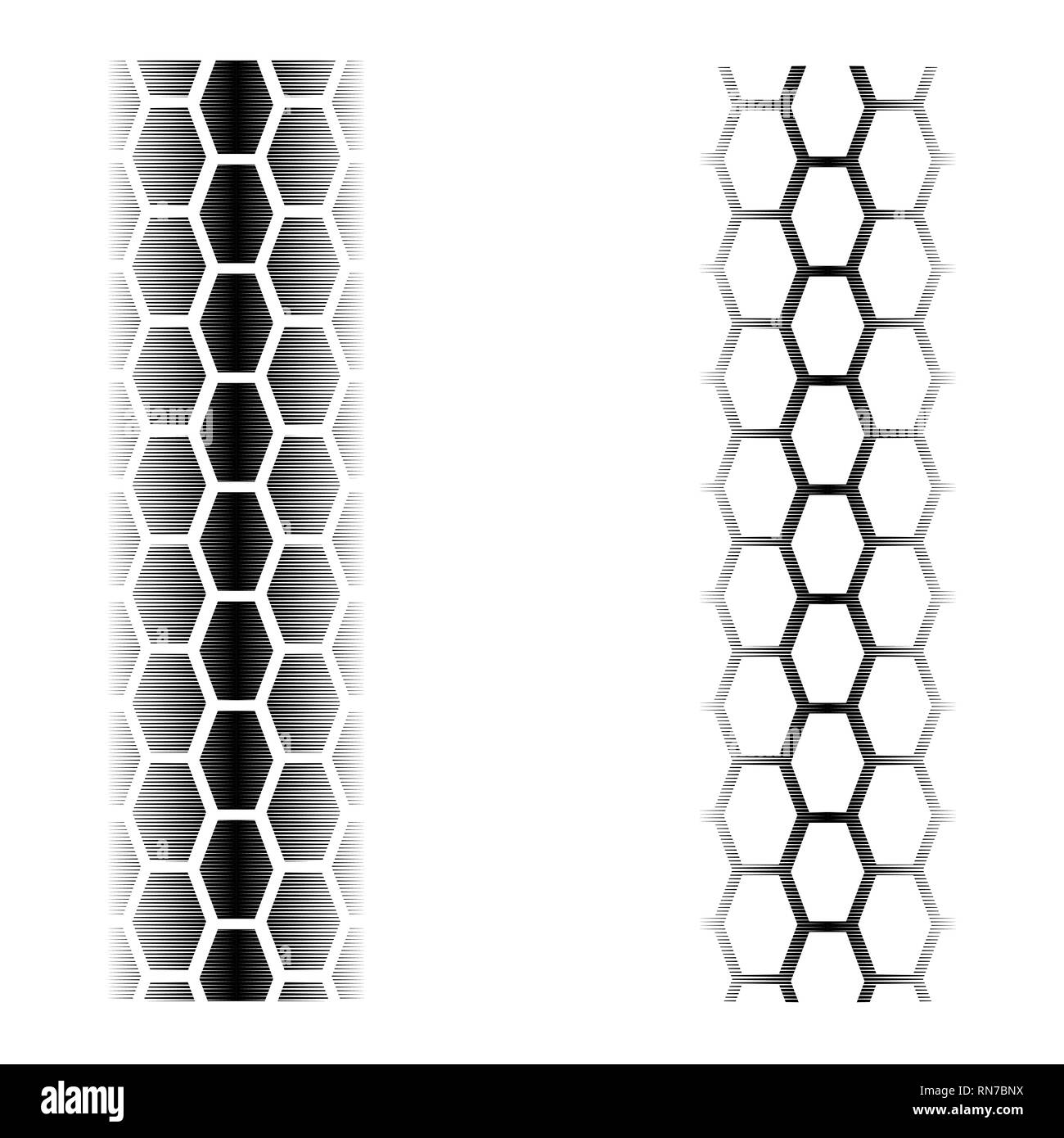 Abstract due tracce di pneumatici con mescolati elementi isolati su sfondo bianco Illustrazione Vettoriale