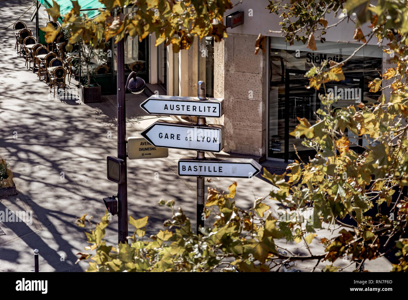 Direzionale bianco via segni visibili attraverso gli alberi nei pressi della Gare de Lyon, Parigi, Francia Foto Stock