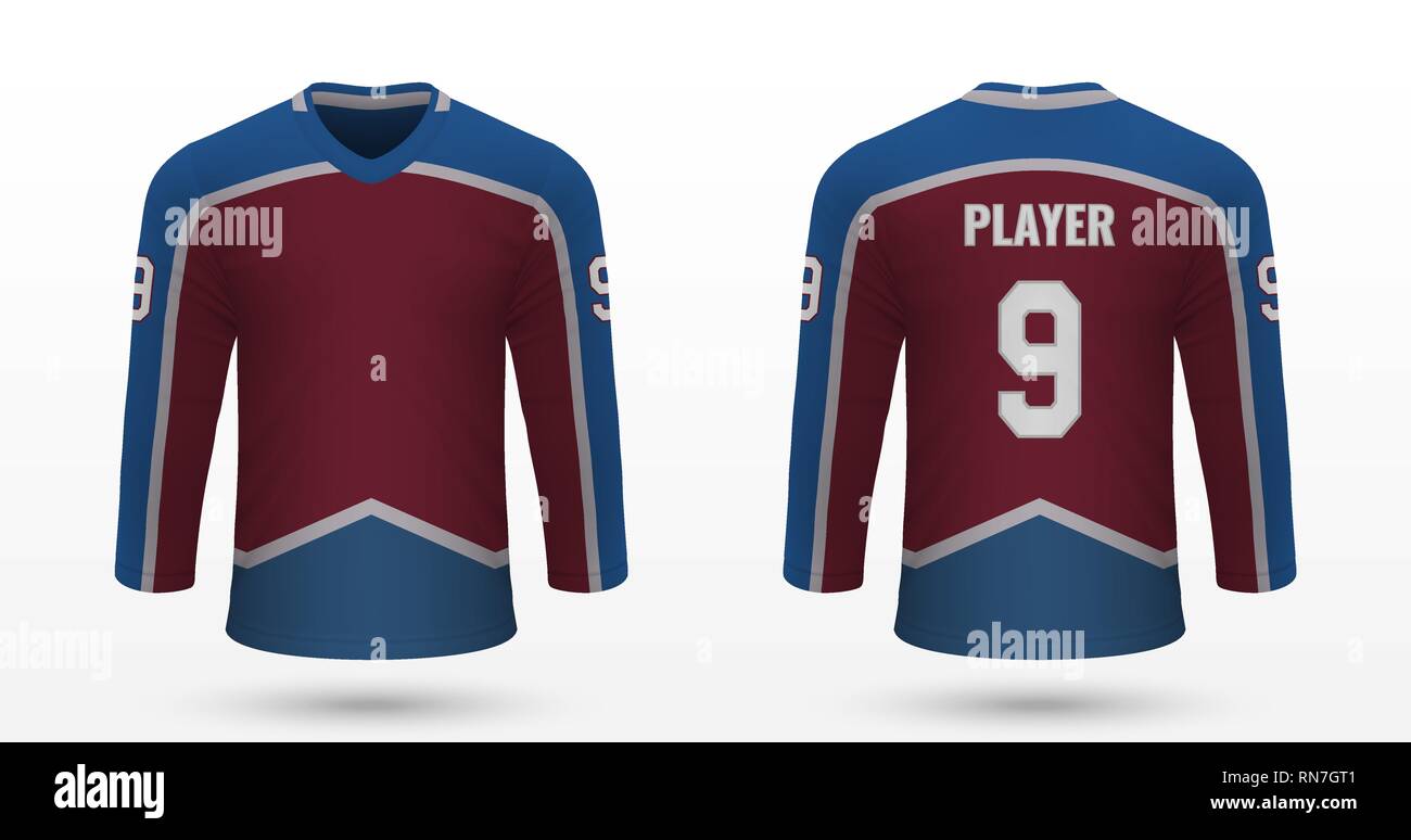 Sport realistico shirt Colorado Avalanche, jersey modello per hockey su ghiaccio kit. Illustrazione Vettoriale Illustrazione Vettoriale