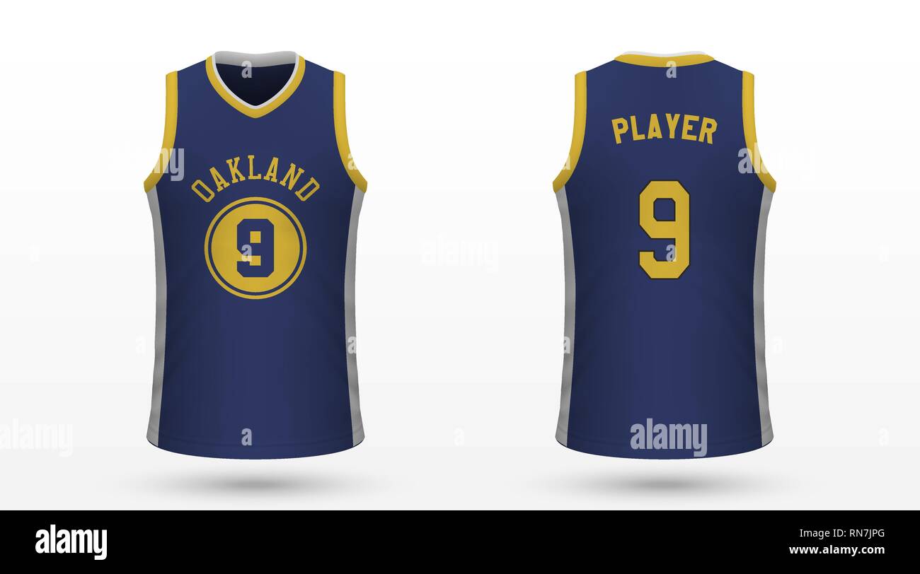 Sport realistico shirt Golden State Warriors jersey modello per kit di pallacanestro. Illustrazione Vettoriale Illustrazione Vettoriale