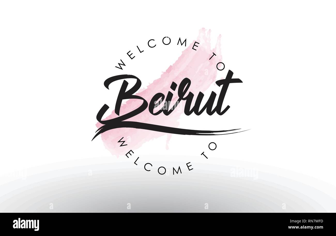 Beirut Benvenuti al testo con il colore rosa acquerello Pennello illustrazione vettoriale. Illustrazione Vettoriale