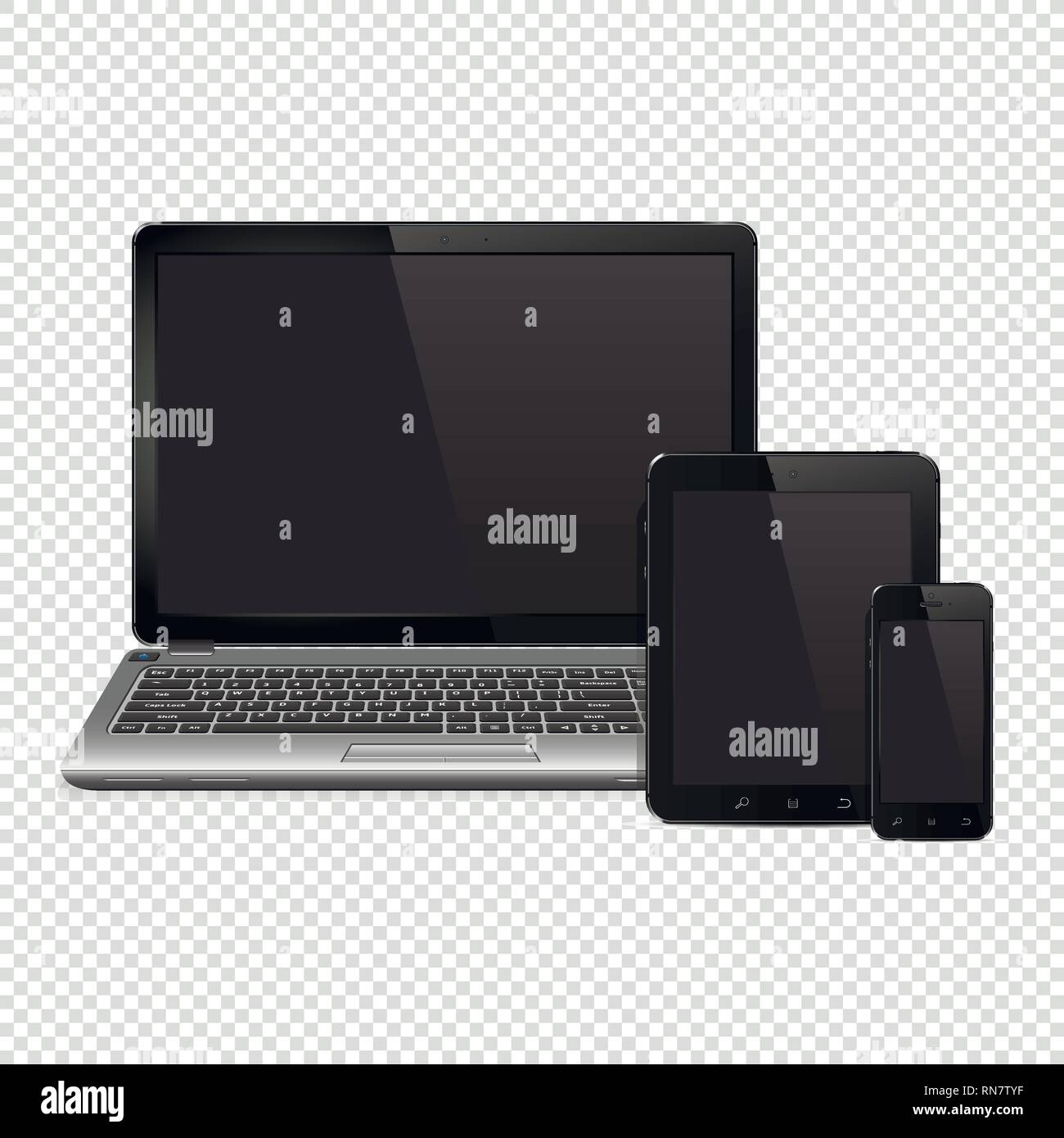 Laptop, tablet pc e telefono cellulare isolato su sfondo trasparente Illustrazione Vettoriale