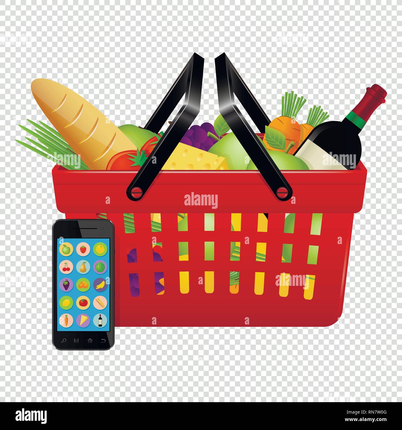 Shopping online. Carrello con gli alimenti e il telefono cellulare isolato su sfondo trasparente. Illustrazione Vettoriale