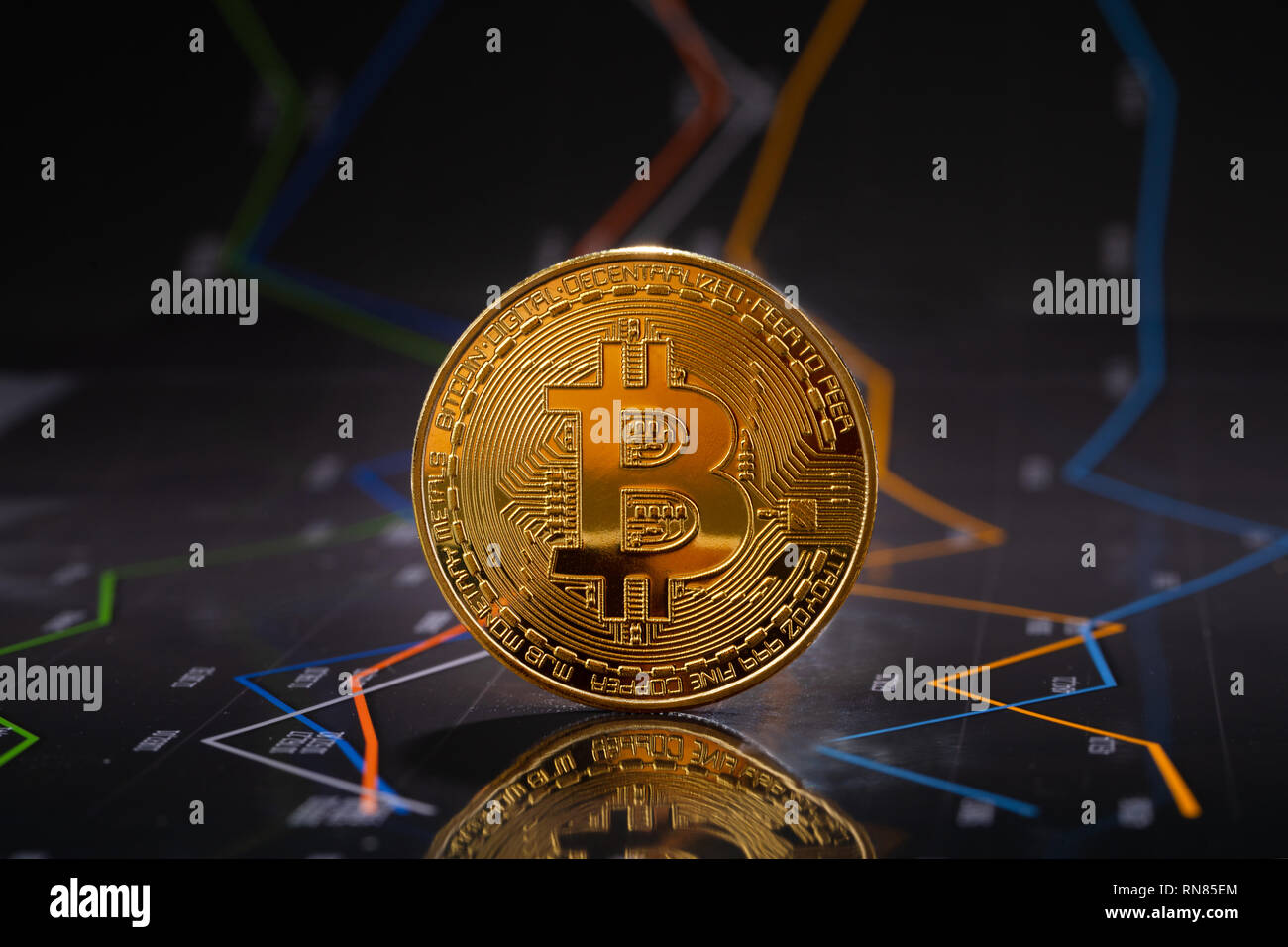 Oro bitcoin in piedi su grafici finanziari per prezzi cryptocurrency Foto Stock