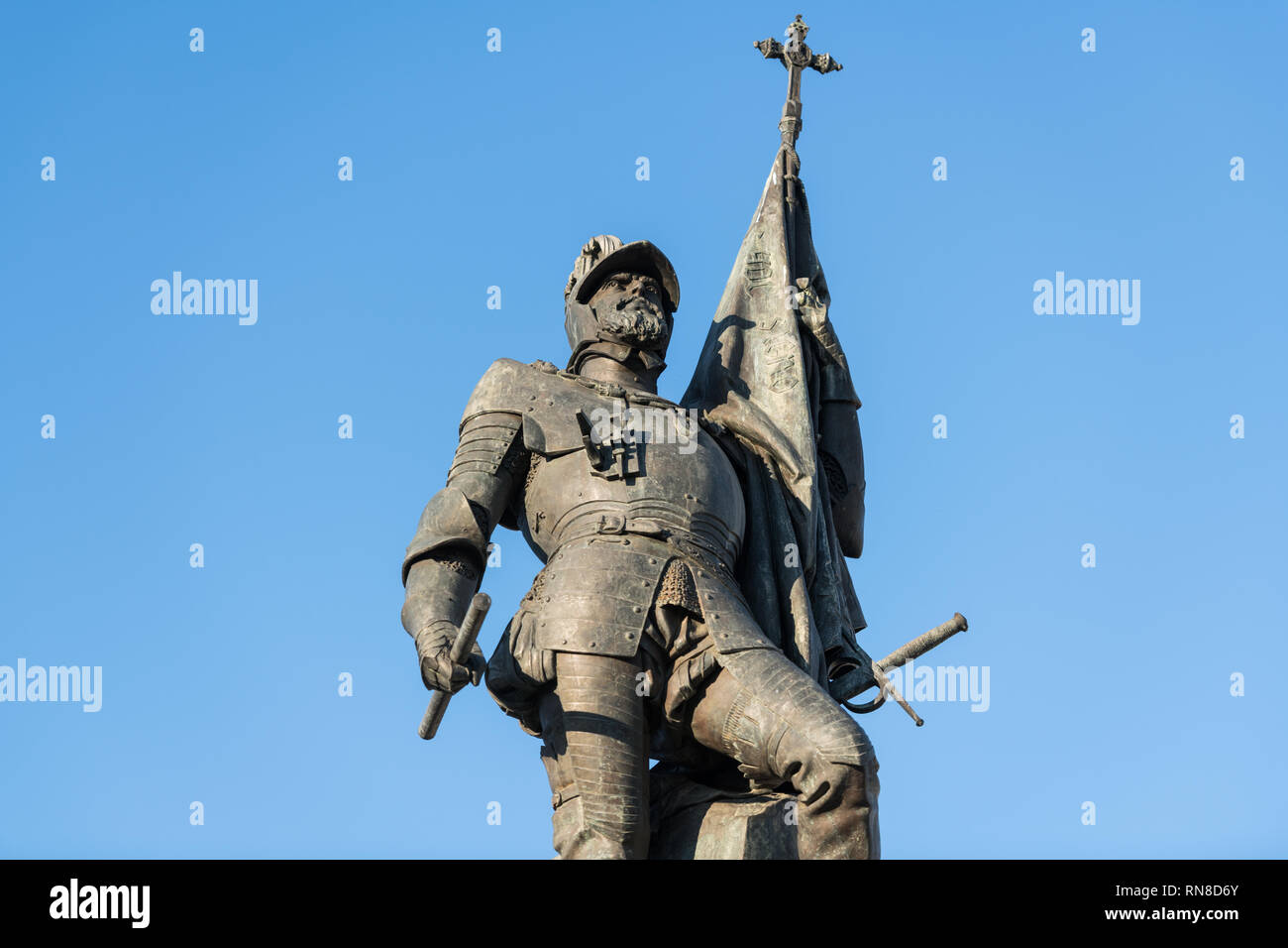 Dettaglio della statua del conquistador spagnolo Hernan Cortes. Foto Stock