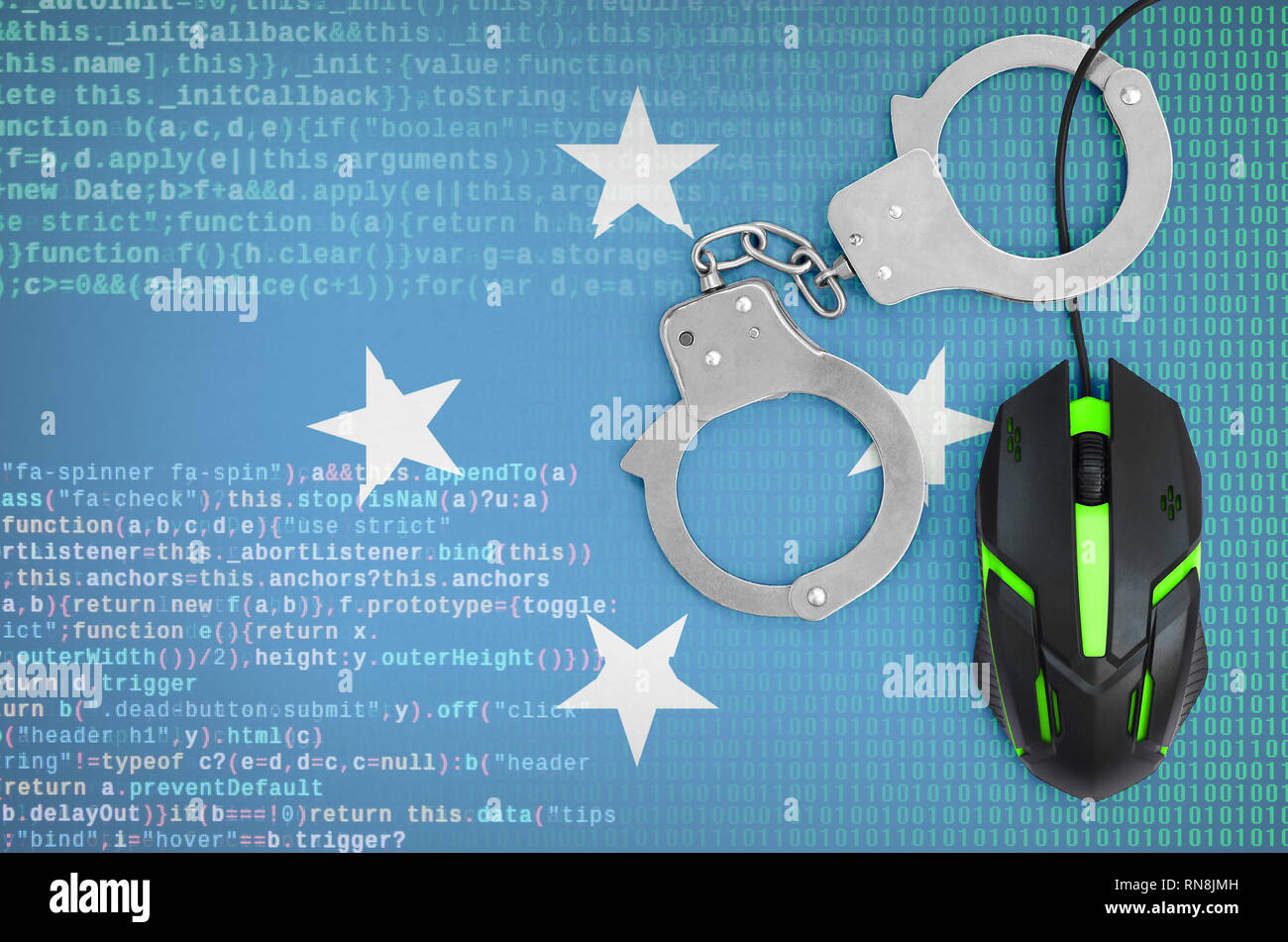 Micronesia bandiera e ammanettato retroilluminato moderno il mouse del computer. Concetto creativo della lotta contro la criminalità informatica, hacker e la pirateria Foto Stock
